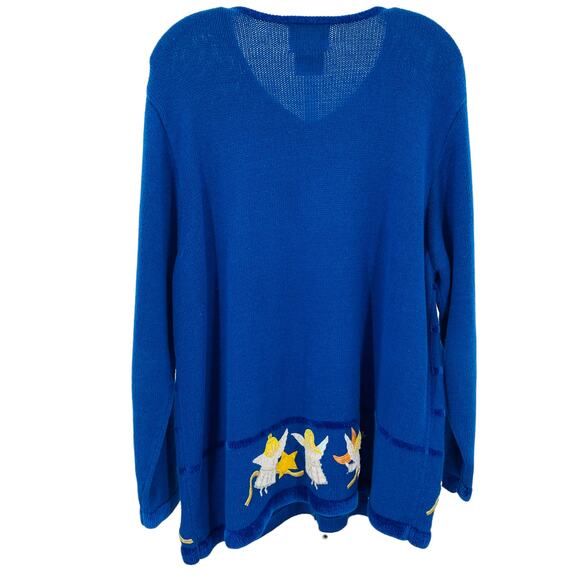 Quacker Factory Blue Chenille Yellow White Embroidered Angels Cardigan Plus 1X - Picture 3 of 10